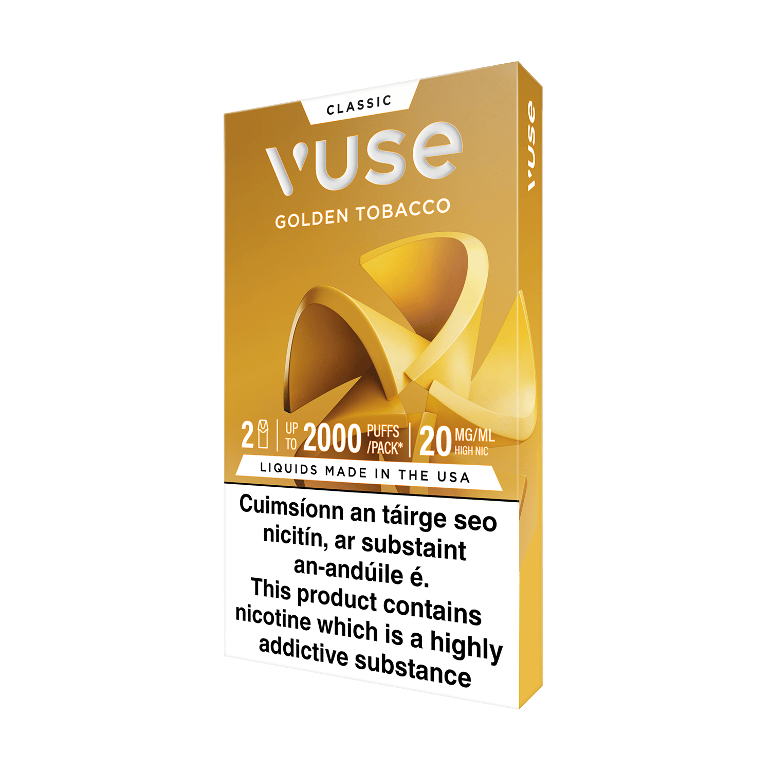 A gold and white VUSE box of Vuse Pod Golden Tobacco with curved designs features a warning in Irish and English: this product contains nicotine salts, a highly addictive substance.