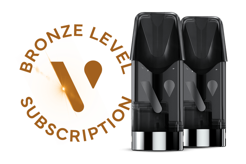 Vuse Ireland Two black vape pods stand beside a circular Bronze Level Subscription badge with a stylized V and bronze color highlights on a light background.