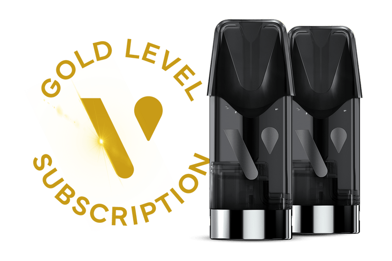 Vuse Ireland Two black vape pods next to a gold circular emblem reading Gold Level Subscription with a stylized gold V in the center.