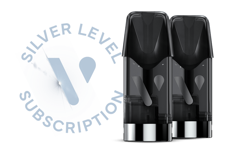 Vuse Ireland Two black vape pods in front of a light blue Silver Level Subscription badge with a stylized V logo.