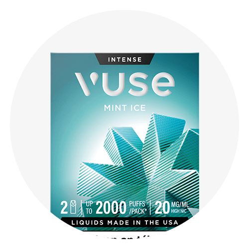 Vuse Ireland Vuse Mint Ice vape packaging showing angular mint leaves, product name, “2000 puffs/pack,” and “20mg/mL” nicotine strength, with teal and white colors.