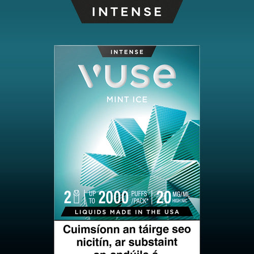 Vuse Ireland Vuse Mint Ice vape packaging with geometric mint design, labeled “Intense.” Text notes 2 devices, up to 2000 puffs each, 20 mg/ml nicotine, and Irish health warning in black text at the bottom.