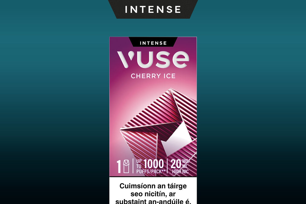 Vuse Ireland Vuse Cherry Ice vape packaging with geometric pink design, labeled Intense. Text indicates up to 1000 puffs, 20 mg nicotine, and a health warning in Irish at the bottom.