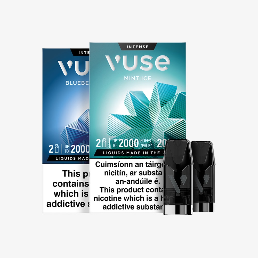 Vuse Ireland Two Vuse vape pod packages, one labeled Blueberry Ice and one Mint Ice, with two black vape pods in front. Large health warnings about nicotine are displayed at the bottom of each package.