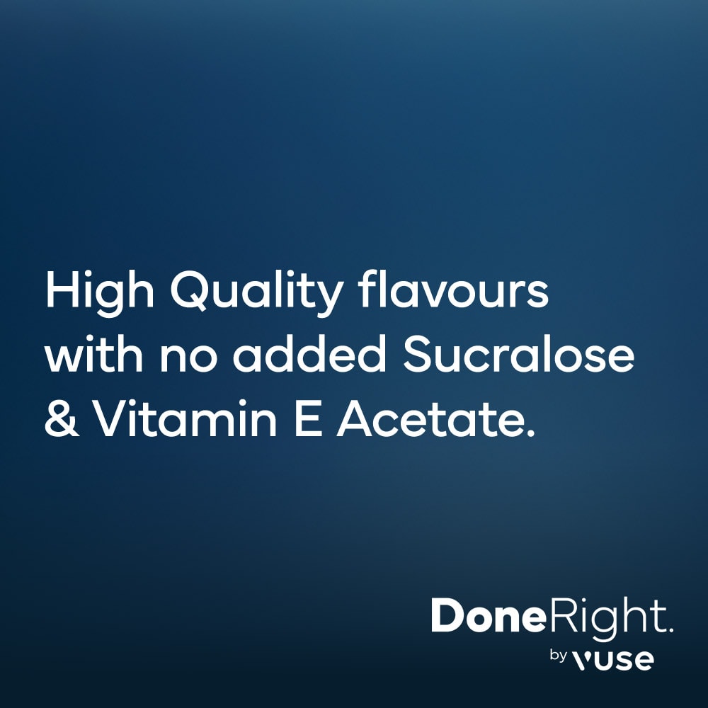 Vuse Ireland White text on a blue gradient background reads: High Quality Double Melon Extra Intense flavour with no added Sucralose & Vitamin E Acetate—experience the difference in every puff with VUSE pre-filled e-liquid pods. Below in white: DoneRight. by VUSE.