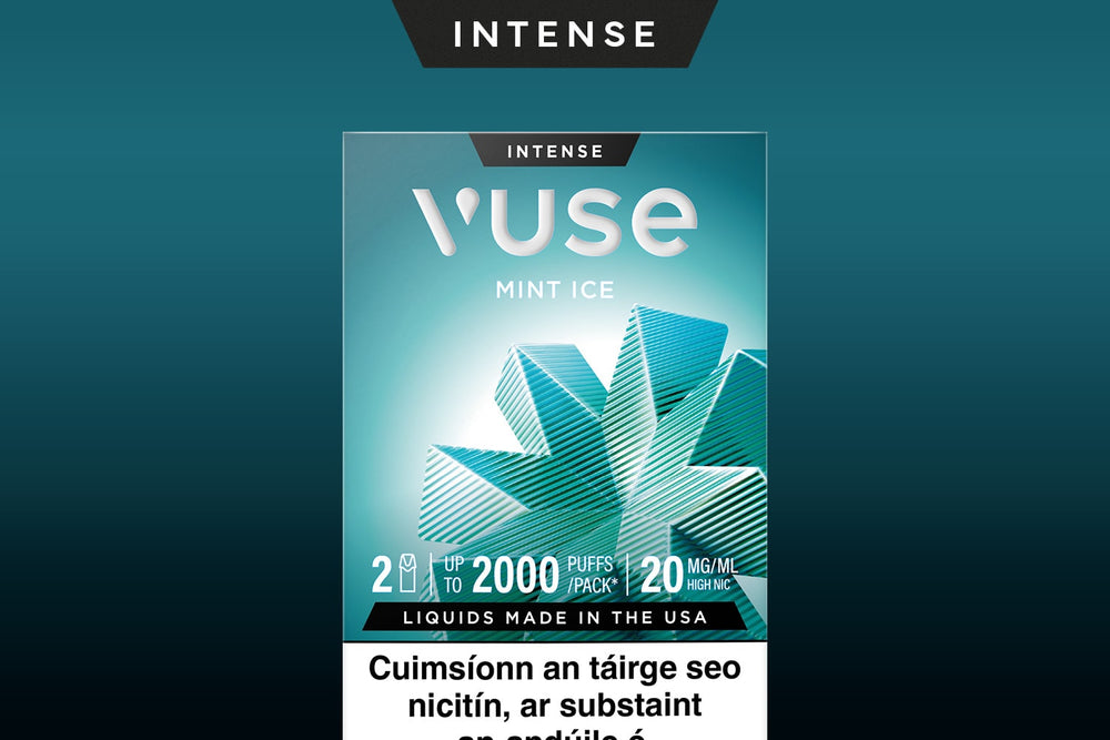 Vuse Ireland Vuse Mint Ice vape packaging with geometric mint design, Intense label, 2 pods, up to 2000 puffs per pack, 20mg/ml nicotine. Health warning in Irish at the bottom.