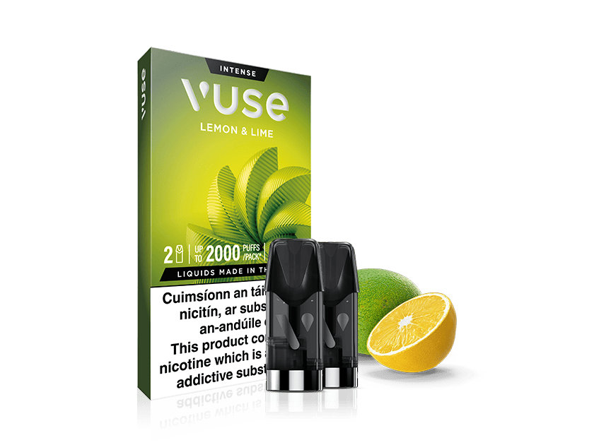 Vuse Ireland Vuse Lemon & Lime vape box with three vape pods in front, next to a whole lime and a sliced lemon, on a white background.