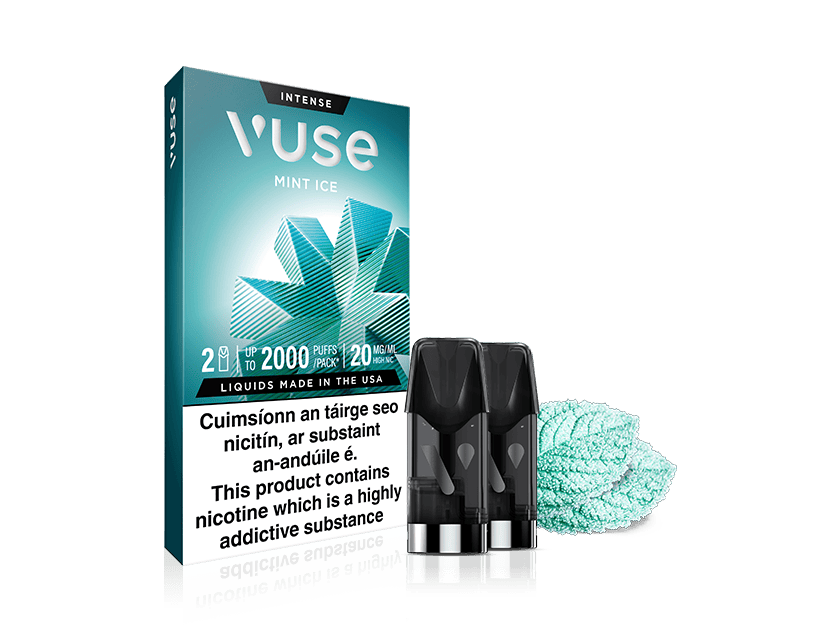 VUSE Pod Mint Ice Extra Intense box featuring three pre-filled e-liquid pods and a mint leaf. The packaging displays the warning: “This product contains nicotine which is a highly addictive substance.” All text appears in both English and Irish.
