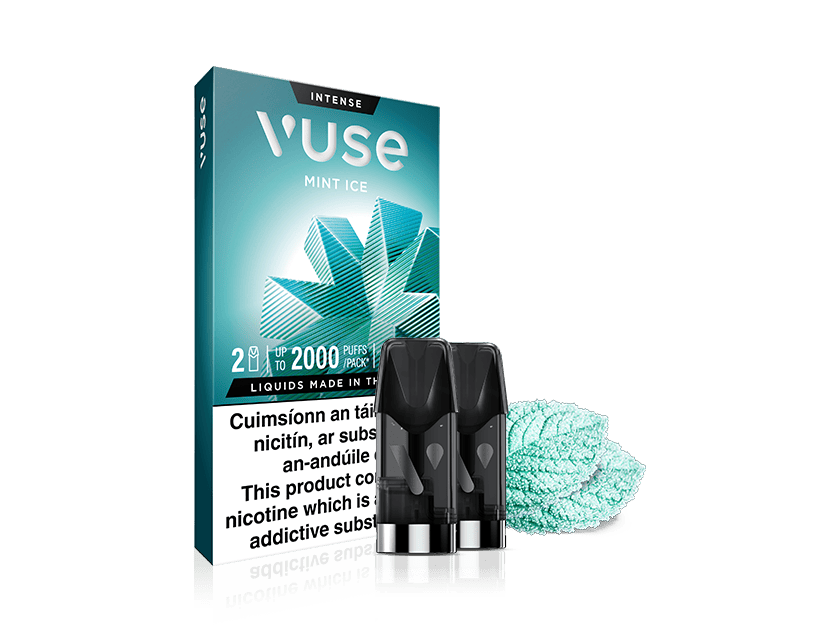 Vuse Ireland Vuse Mint Ice vape cartridge pack with two black cartridges, mint leaves, and a warning label on the box front.