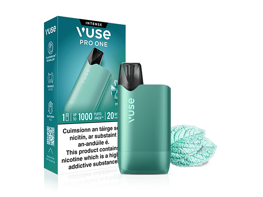 A VUSE Pro One Box Mint Ice rechargeable vape device in teal is displayed with its branded packaging, prominent text warning, and fresh mint leaves implying a mint ice flavor. The box showcases key features in English and French, including "1000 puffs" and "20mg nicotine".
