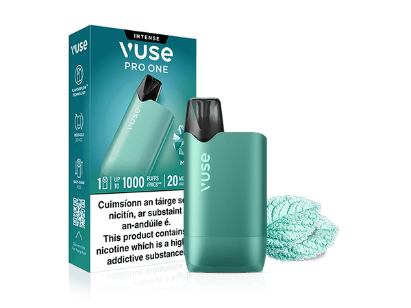 A VUSE Pro One Box Mint Ice rechargeable vape device in teal is displayed with its branded packaging, prominent text warning, and fresh mint leaves implying a mint ice flavor. The box showcases key features in English and French, including "1000 puffs" and "20mg nicotine".