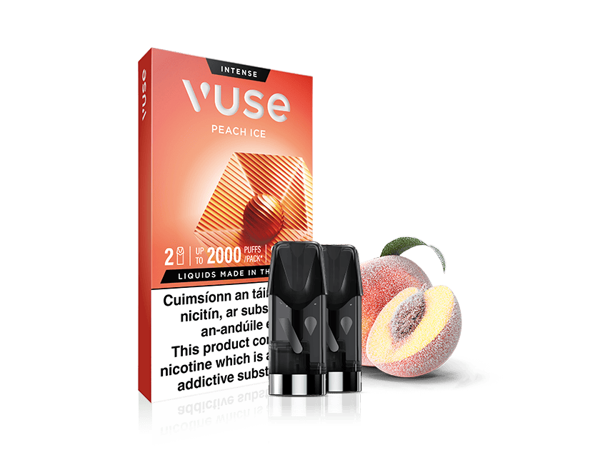Vuse Ireland Vuse Peach Ice vape packaging with three black pods in front and a sliced peach beside them, all on a white background.