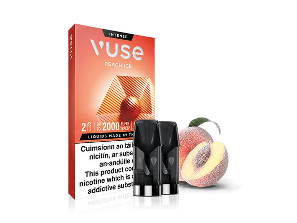 Vuse Ireland Vuse Peach Ice vape packaging with three black pods in front and a sliced peach beside them, all on a white background.