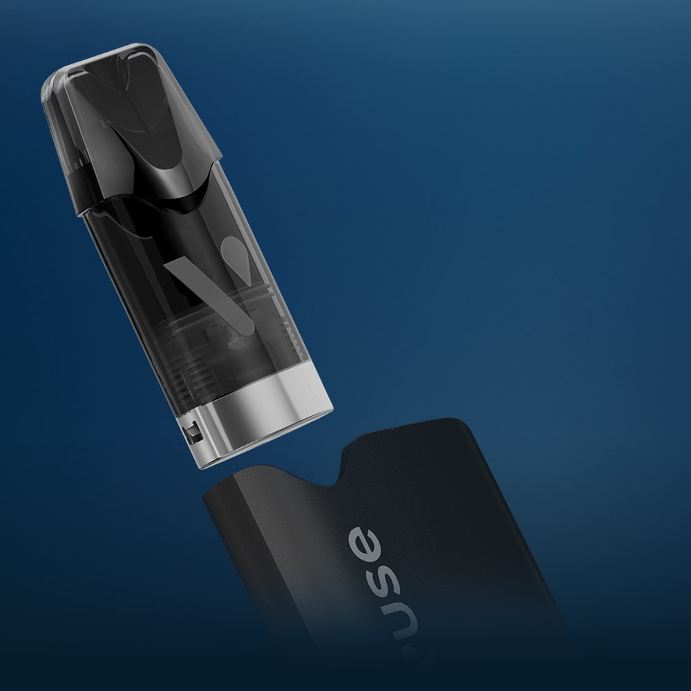 Vuse Ireland A close-up of a black vape pod cartridge being inserted into a matching black vape device against a dark blue background.