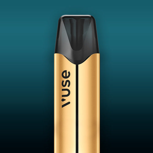 Vuse Ireland A gold-colored vape pen with the word vuse printed vertically in black, set against a teal gradient background.