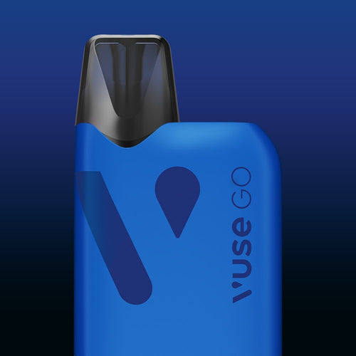 Vuse Ireland A close-up of a blue Vuse GO vape device with a dark mouthpiece, set against a gradient blue background. The Vuse logo and design elements are visible on the device.