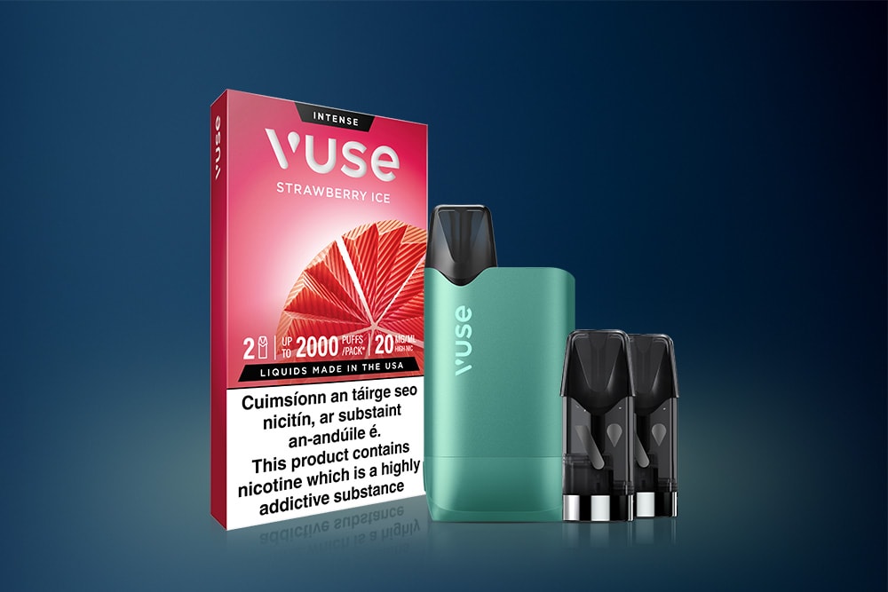 Vuse Ireland A Vuse Strawberry Ice vape kit with a green device, two pods, and red packaging displaying product details and a nicotine addiction warning in English and another language.