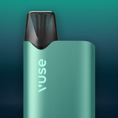 Vuse Ireland A close-up view of a teal Vuse vape device with a black mouthpiece, set against a gradient teal and dark blue background.