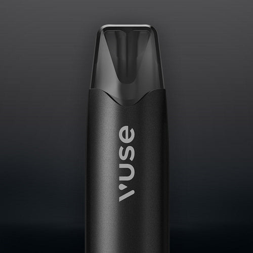 Vuse Ireland A close-up of a black Vuse vape pen with a transparent mouthpiece against a dark, gradient background. The brand name Vuse is printed vertically on the device.