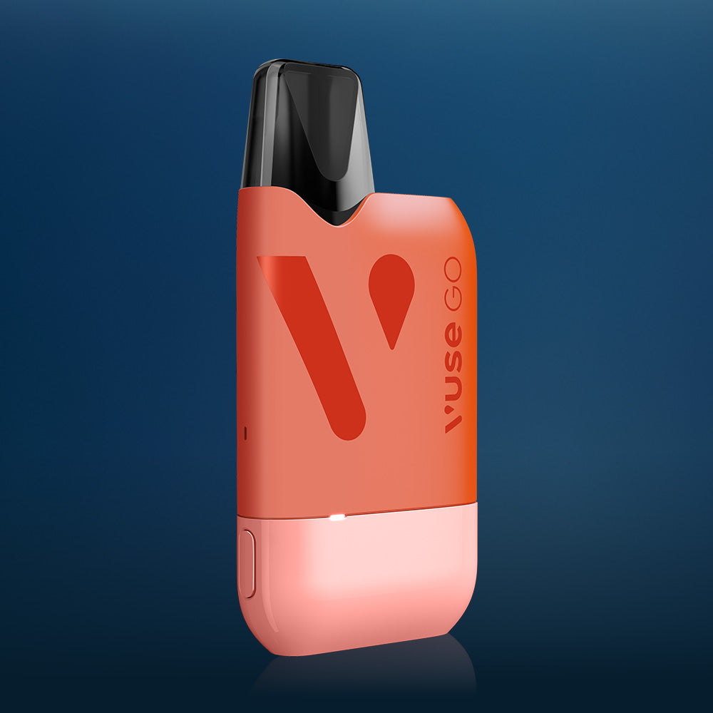Vuse Ireland A red and pink Vuse GO disposable vape device is displayed on a blue gradient background. The device has a black mouthpiece and the Vuse logo on its front.