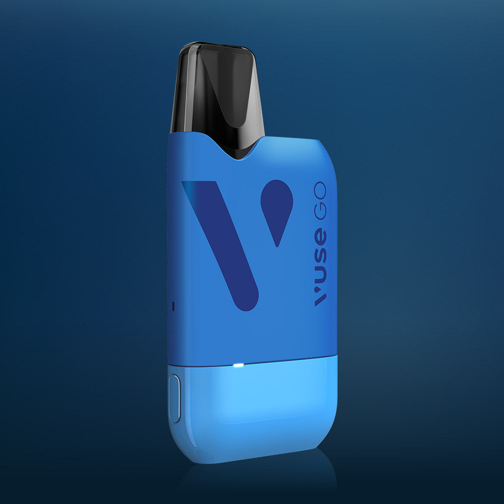 Vuse Ireland A blue Vuse GO vape device with a black mouthpiece is shown standing upright against a gradient blue background. The device features the Vuse logo and branding on the front.