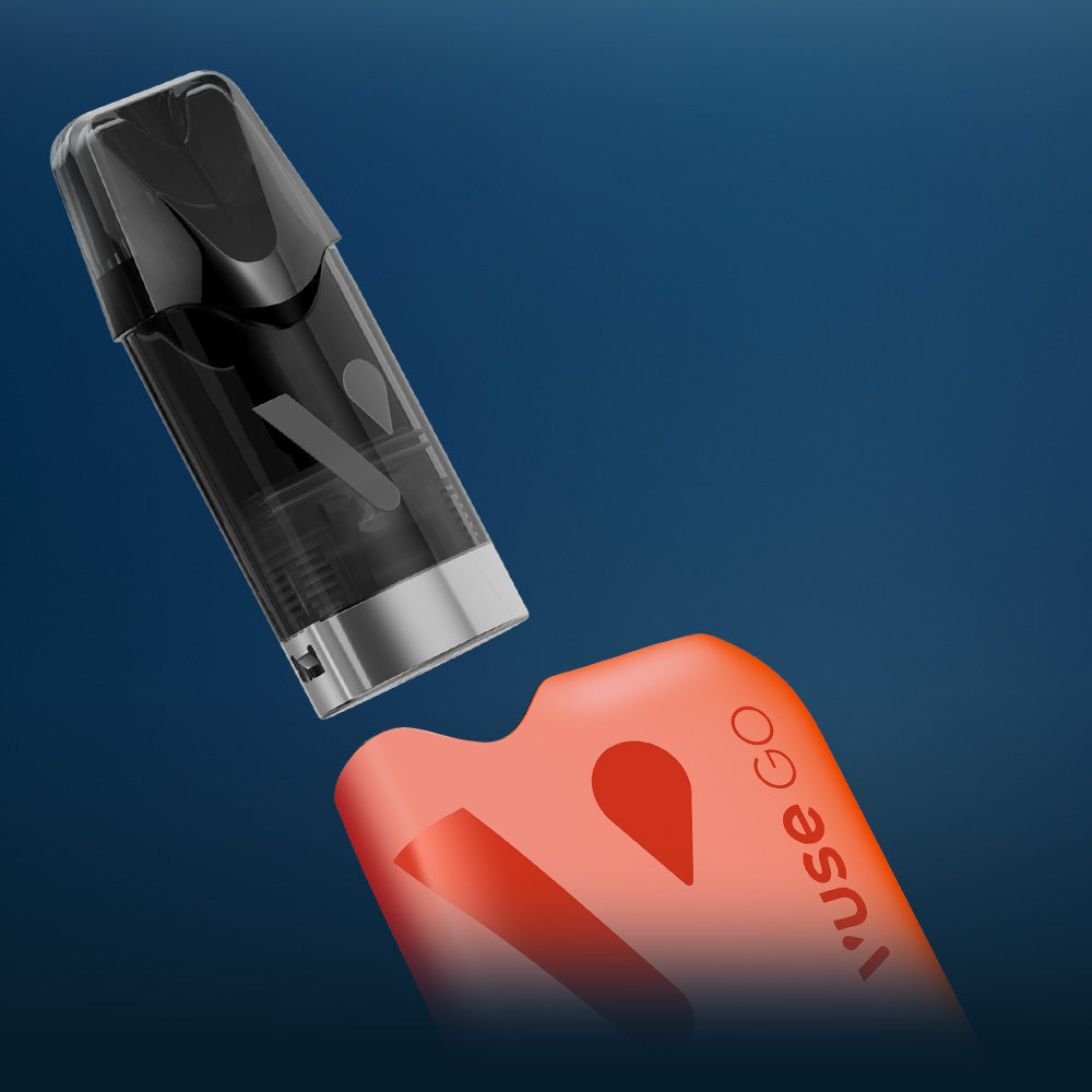Vuse Ireland A close-up of a black and transparent vape pod above an orange device labeled Vuse GO, set against a blue background.
