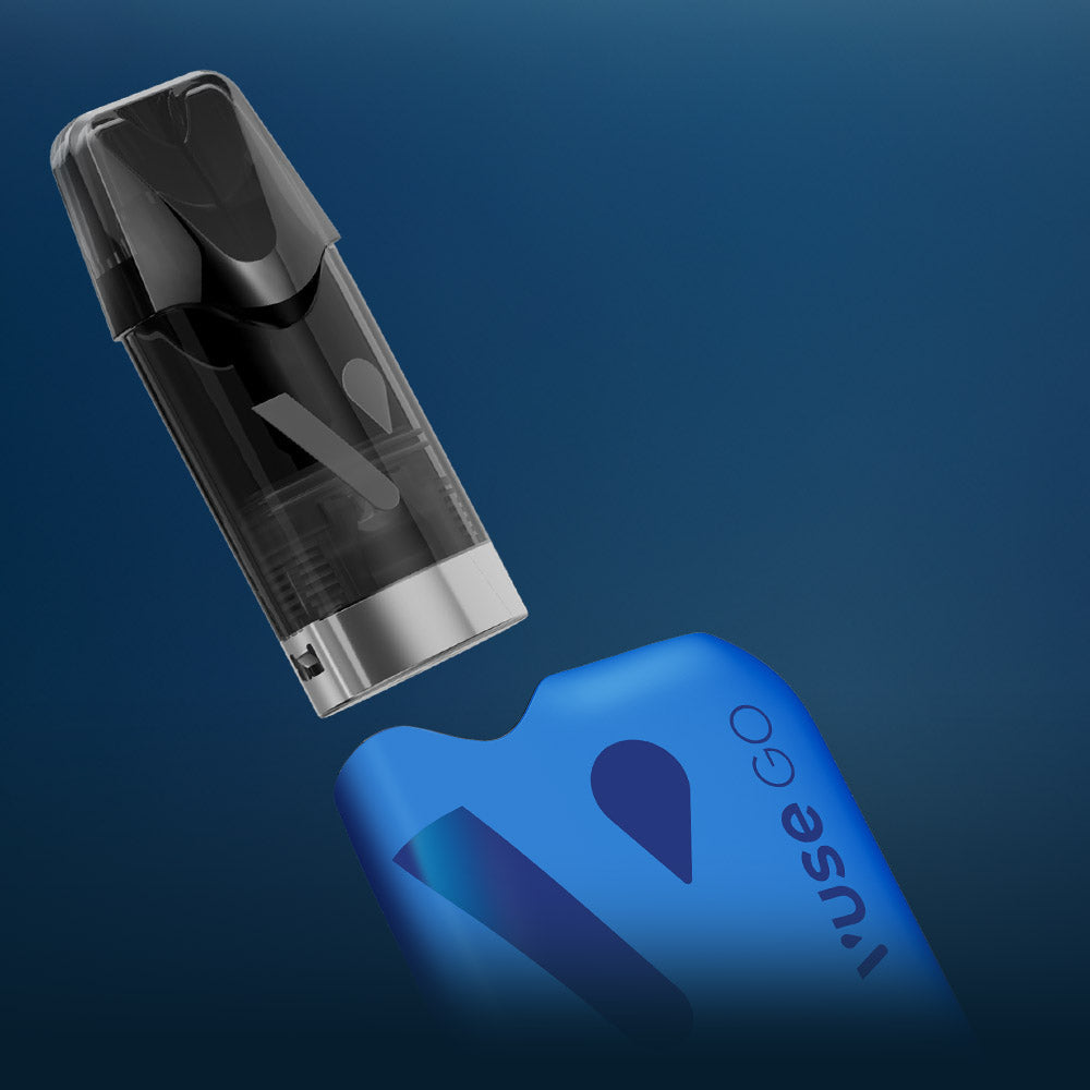 Vuse Ireland A close-up of a Vuse GO vape device with a sleek blue body and a partially removed black mouthpiece against a gradient dark blue background.