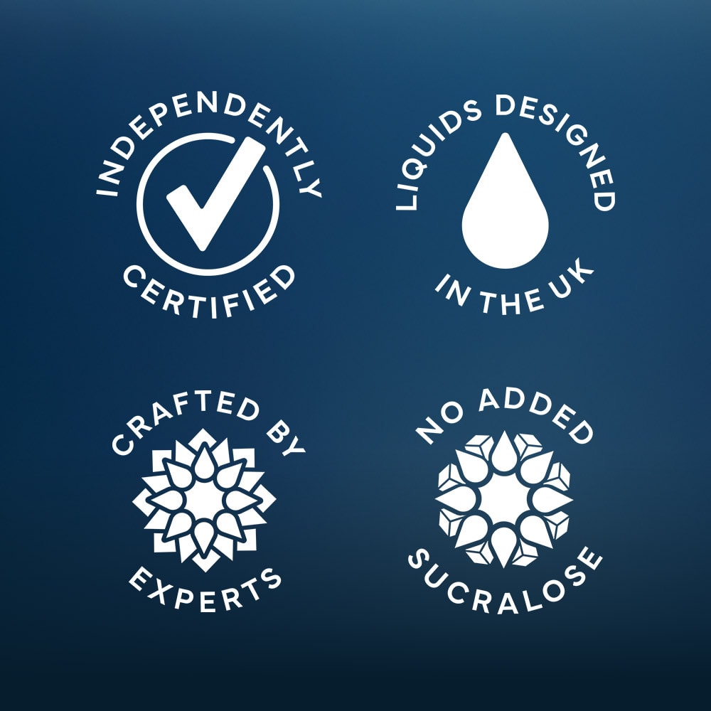 Four white icons on a blue gradient background—featuring a checkmark for Independently Certified, a droplet for Liquids Designed in the UK, and two floral motifs for Crafted by Experts and No Added Sucralose—perfectly highlight the quality of the VUSE Go Reload Blueberry Raspberry rechargeable vape device starter kit.
