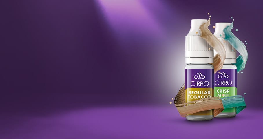 Two Cirro e-liquid bottles on a purple background