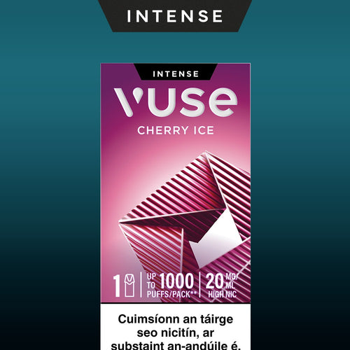 Vuse Ireland Vuse Intense Cherry Ice vape packaging, pink geometric design, text highlights Up to 1000 puffs, 20 mg high nic, and contains a health warning in Irish at the bottom.
