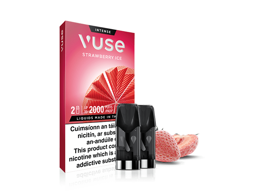Vuse Ireland Vuse Strawberry Ice vape pod packaging with two vape pods in front, next to a sliced strawberry, on a white background.