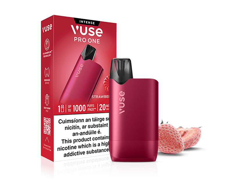 Vuse Ireland A red Vuse Pro One vape device stands in front of its matching box, labeled Strawberry Ice. Sliced strawberries are placed next to the device, highlighting the flavor.