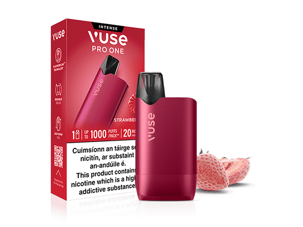 Vuse Ireland A red Vuse Pro One vape device stands in front of its matching box, labeled Strawberry Ice. Sliced strawberries are placed next to the device, highlighting the flavor.