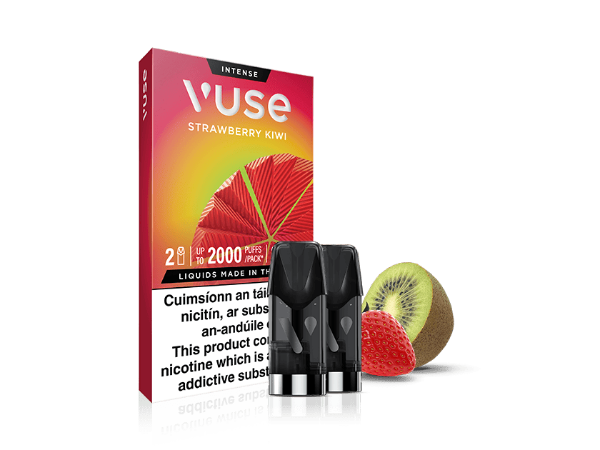 Vuse Ireland Vuse Strawberry Kiwi vape cartridge box with two black vape pods in front, and a strawberry and half a kiwi fruit beside them.