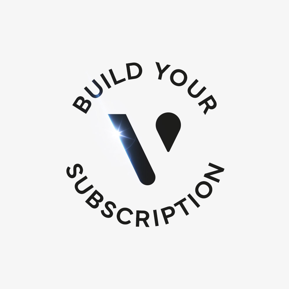 Black text reading “BUILD YOUR SUBSCRIPTION” circles around a stylized letter V with a shining light effect on the left stroke, all on a white background.