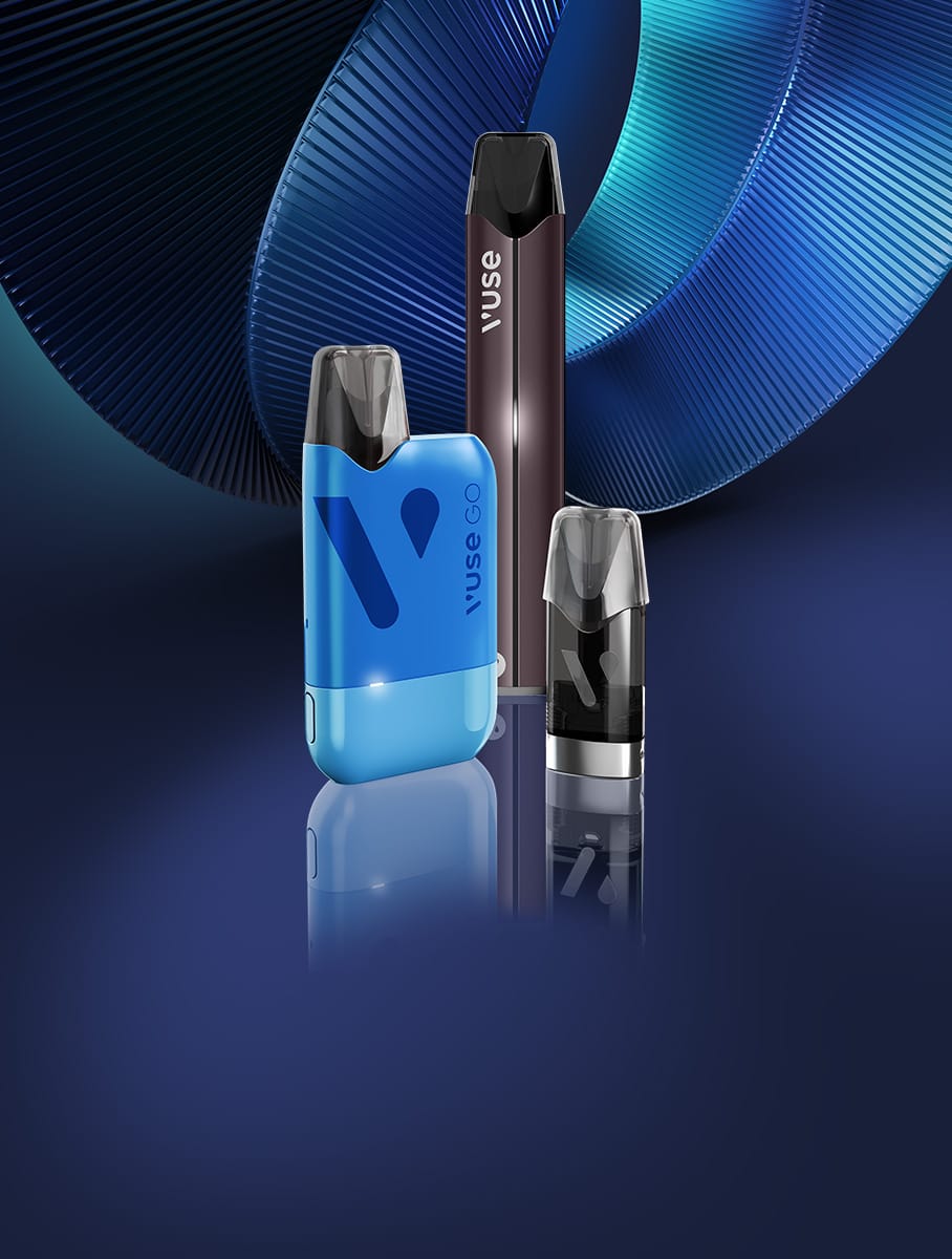 Two Vuse vaping devices and a pod on a blue surface with a blue circular background