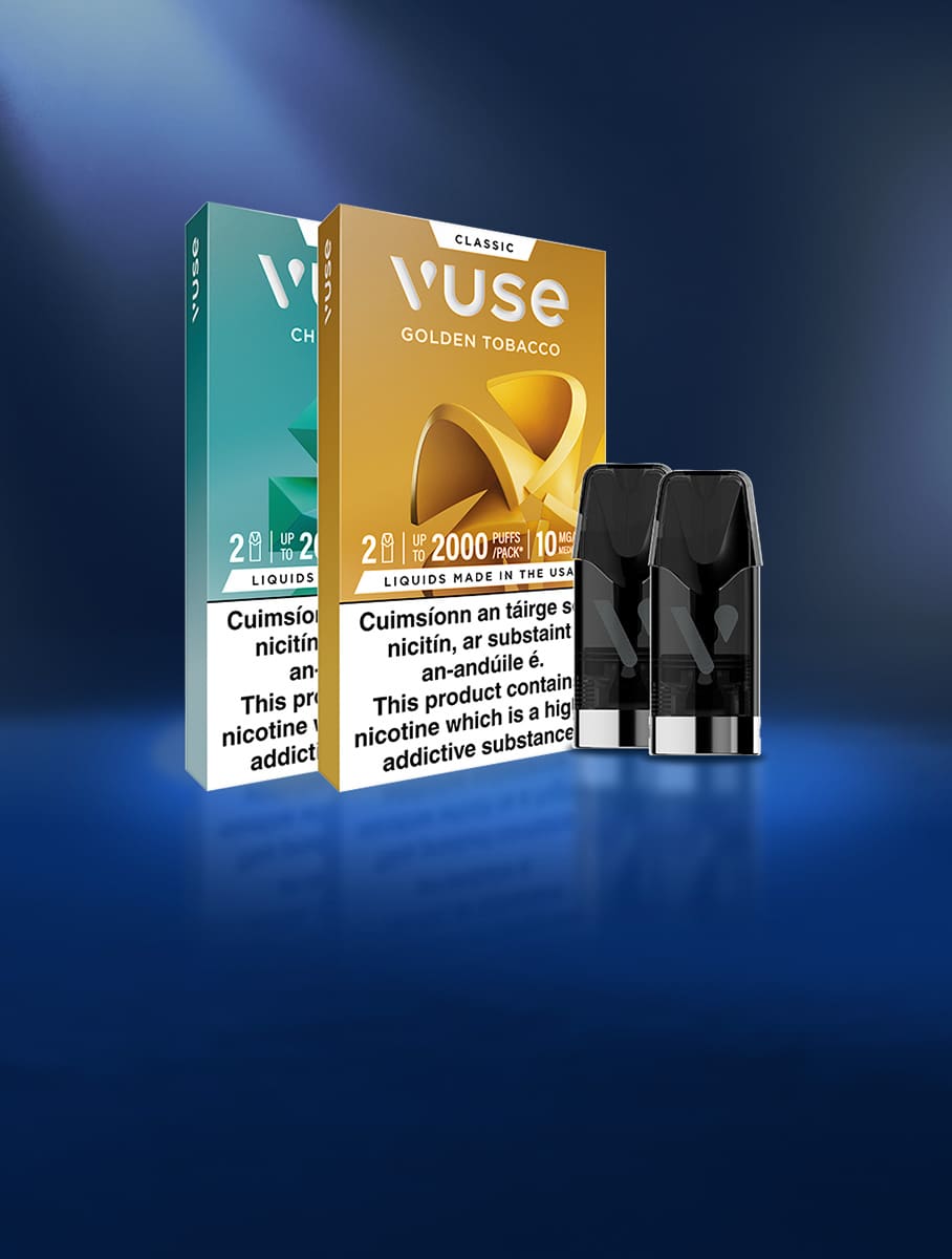 Vuse Intense Flavour Packs & Pods on a blue gradient background