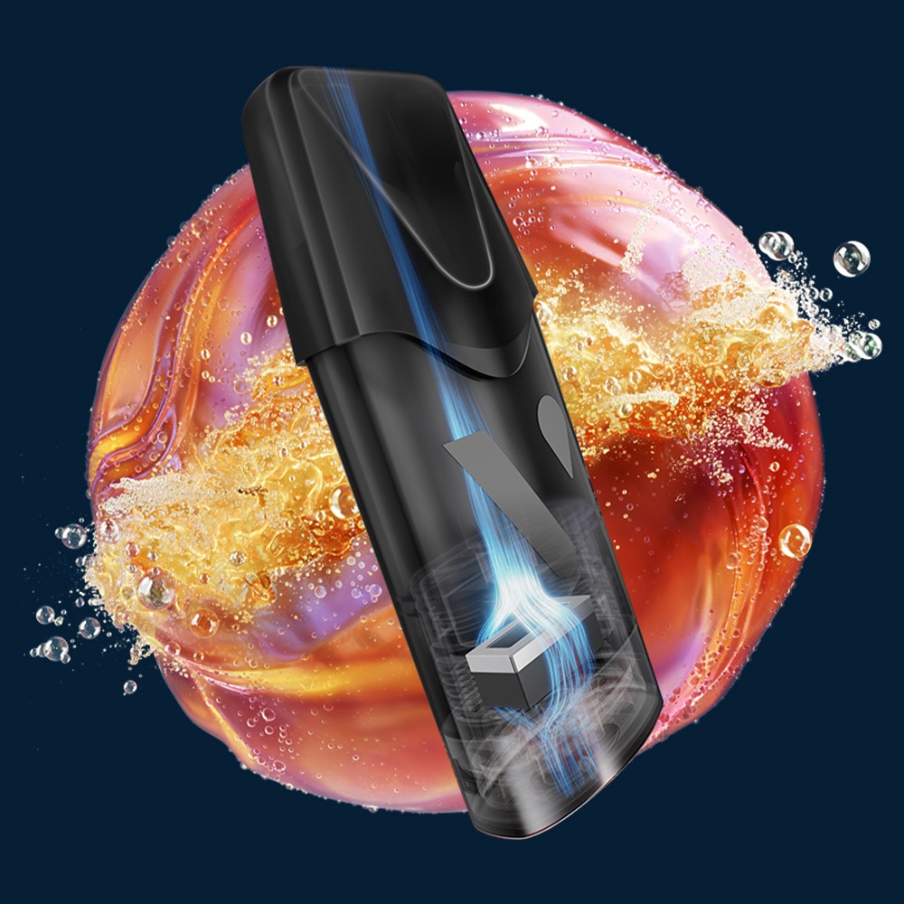 Vuse Ireland A sleek black vape device with blue vapor lines, shown in front of a swirling backdrop of orange liquid and bubbles, suggesting flavor and vapor production.