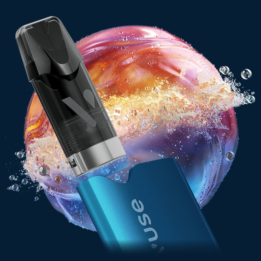 Vuse Ireland A close-up of a blue vape device with a black cartridge, set against a colorful, water-splashed circular background.
