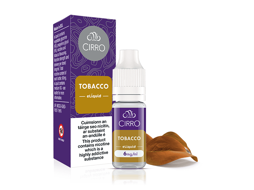 Vuse Ireland A box and bottle of Cirro Tobacco e-liquid, labeled 6mg/ml nicotine, with a brown tobacco leaf beside them. Packaging includes a nicotine warning and purple, white, and brown colors.