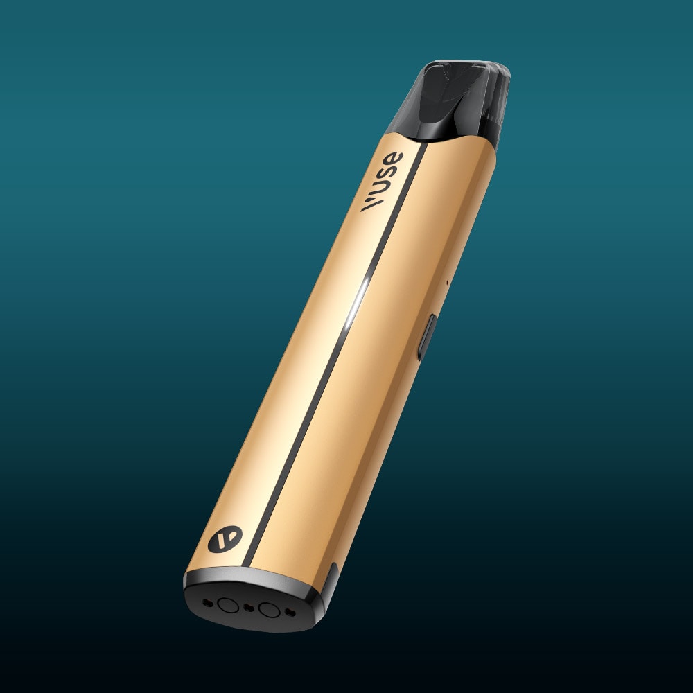 Vuse Ireland A gold-colored Vuse vape pen with a black mouthpiece, displayed diagonally on a teal gradient background.