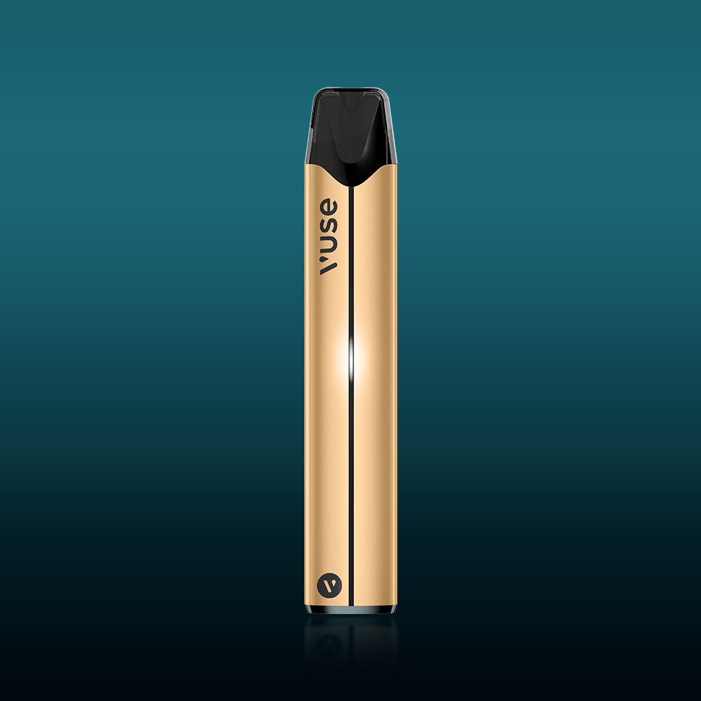 Vuse Ireland A gold-colored Vuse vape pen stands upright against a teal gradient background, featuring a black mouthpiece and a small logo near the base.
