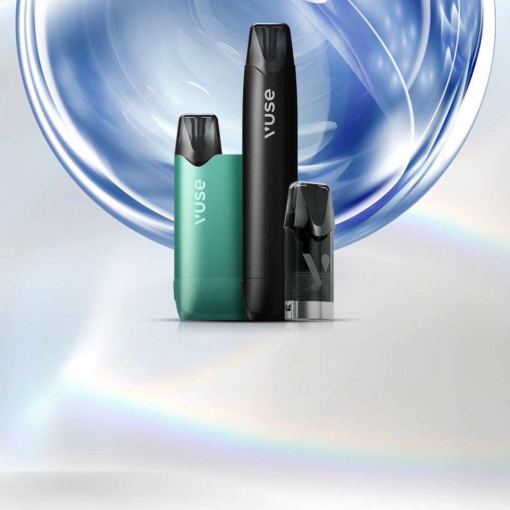 Vuse Ireland Three Vuse vape devices in different sizes and colors are displayed against a shiny, abstract background with blue and silver swirls and a subtle rainbow reflection on a light surface.