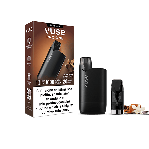 The Vuse Pro One Box Creamy Tobacco by VUSE is shown in black with packaging, a pod, and creamy tobacco notes like vanilla and star anise. The box highlights FlavourFlow technology and nicotine warnings in English and Irish.