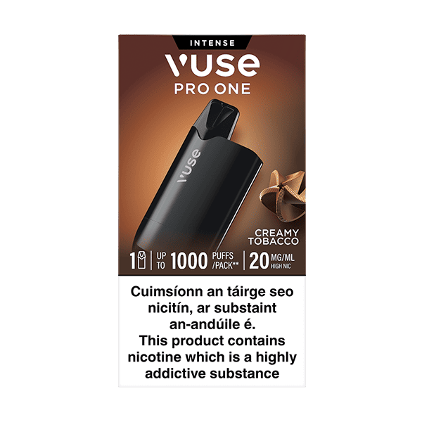 The VUSE Pro One Box Creamy Tobacco vape device features FlavourFlow technology, tobacco imagery, and bilingual (English/Irish) text warning it contains nicotine, a highly addictive substance.