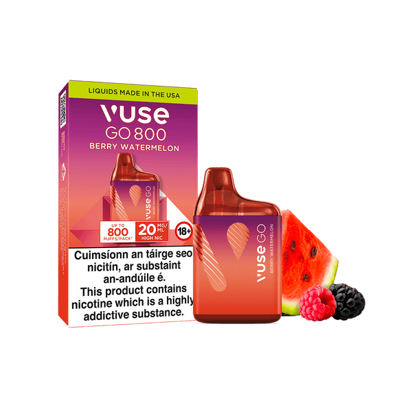 A Vuse GO 800 Berry Watermelon Disposable Vape next to its packaging