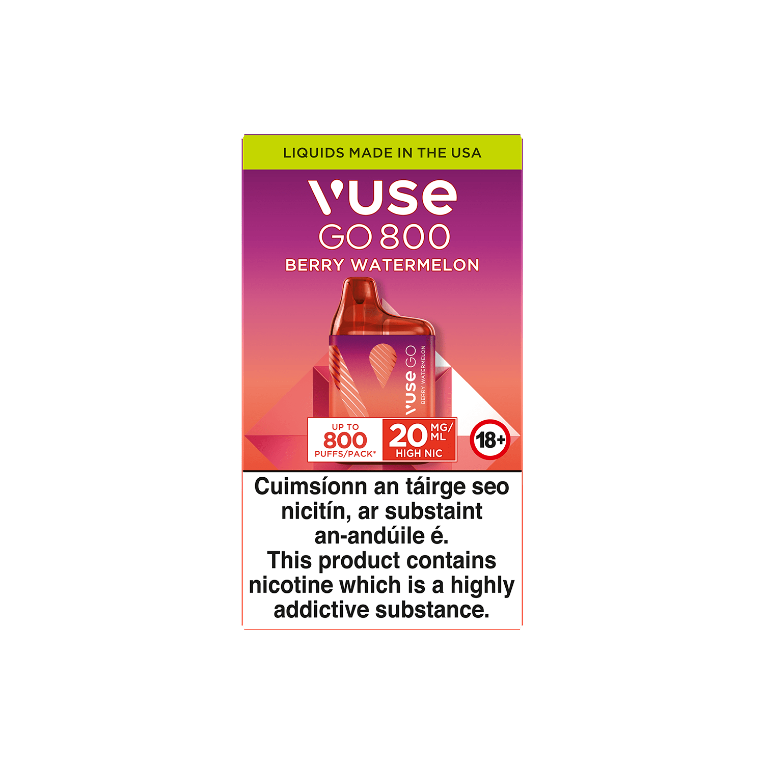 A Vuse Go 800 Berry Watermelon disposable vape package