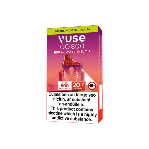 A Vuse Go 800 Berry Watermelon disposable vape package