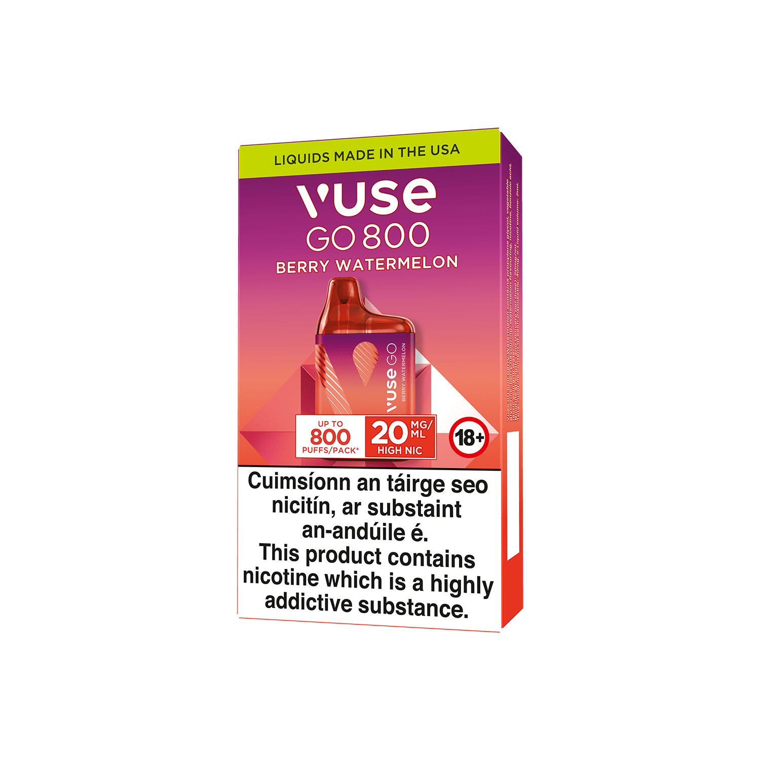 A Vuse Go 800 Berry Watermelon disposable vape package