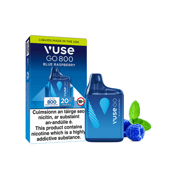 A Vuse Go 800 Blue Raspberry disposable vape next to its packaging